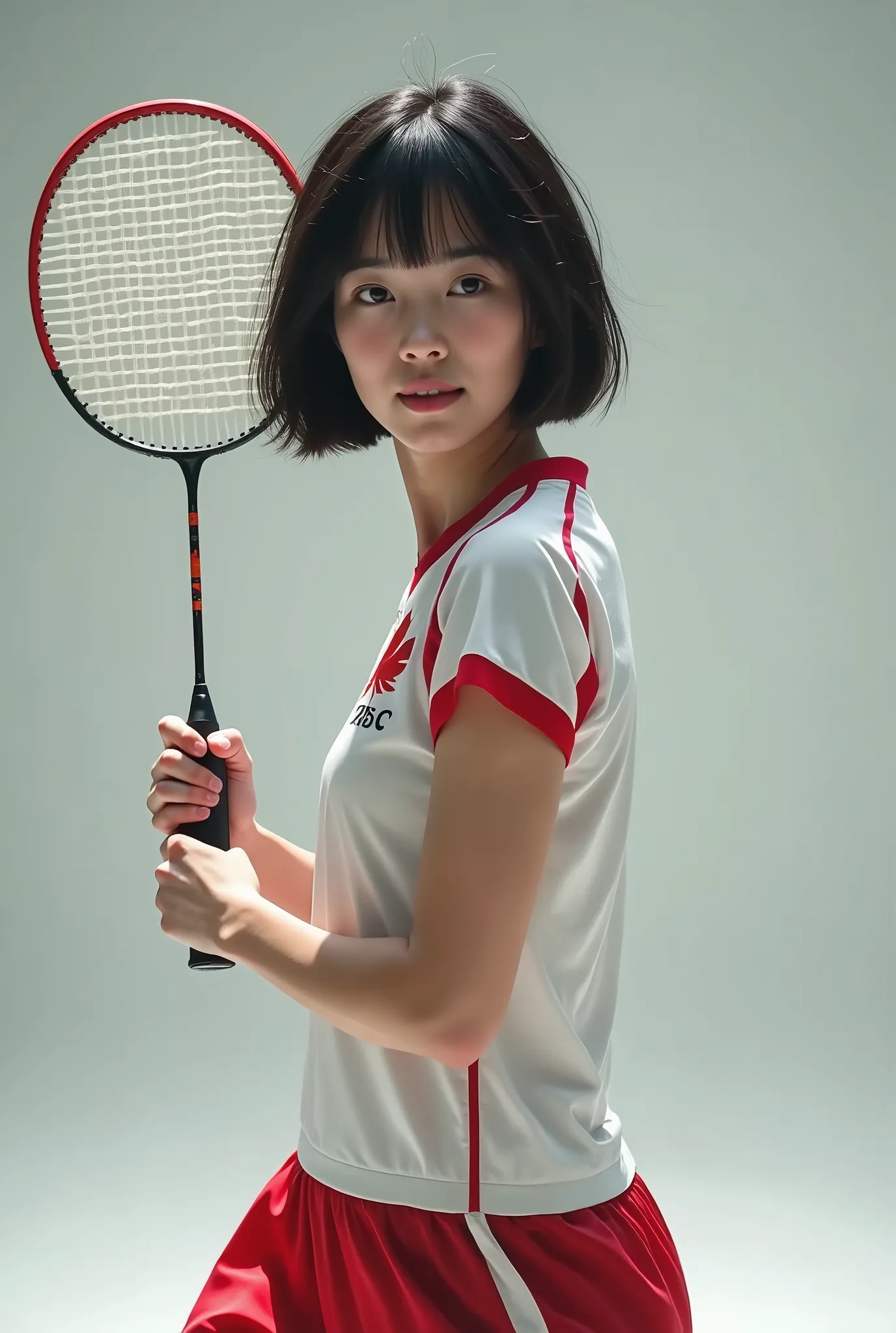 live-action、 real、badminton player 、 very beautiful japanese schoolgirl、black hair、 short bob hair、 japanese badminton team unif...