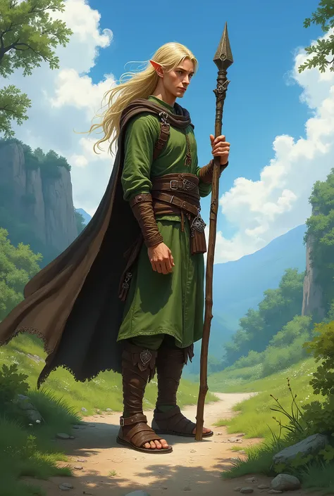 In RPG style, in style of Dungeons & Dragons, in style of fantasy painting. Full body view, looking at the viewer. image of a male elf druid with wood quarterstaff, green cloth robe armor with leather elements, dark brown cape, dark leather sandals. Blonde...