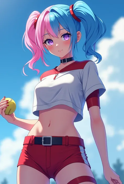 HD、animation style 、 half blue half pink hair 、 Purple eyes 、Harley Quinn、full chest 、 High school student  、hairstyle two buns 、baseball player、  Short-sleeved light top、 long red underwear 、Good shape 、thin、belt、sky、cloud