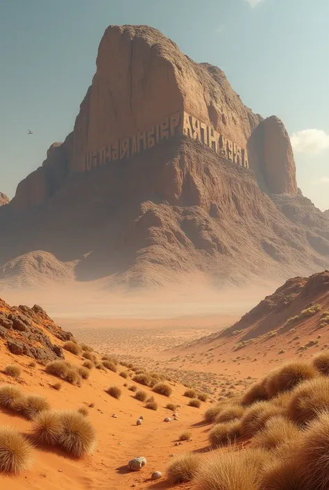 A high-resolution picture of a desert full of brown grass and there is a mountain carved with the name Huthaifa in English 