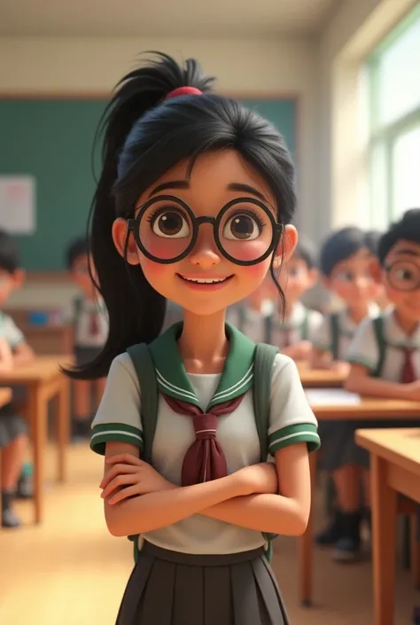 Ananya is very happy  smiling   in her  school uniform at her school 

Ananya is a  beautiful 14-year-old girl  good height slender build, fair  medium-length black hair   dark eyes.  Wearing pony tail and spectacles 

.3d Pixar style

