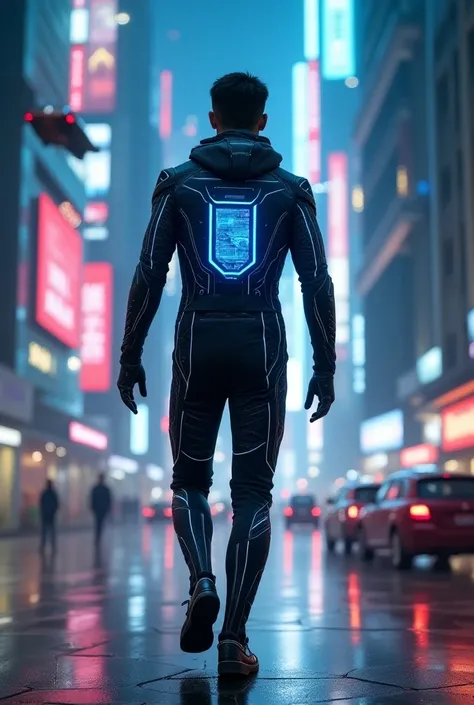 A futuristic traveler in a sleek, high-tech suit walking through a neon-lit metropolis. The buildings are towering with holographic displays and flying cars in the sky. The suit has glowing lines that match the citys lights, creating an integrated, cyberpu...