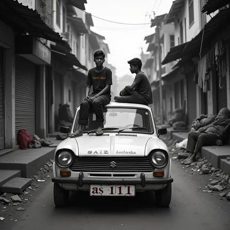 Heres a prompt for an art piece:

"Create a black and white photograph of Dharavi slums in Mumbai, capturing the stark contrasts of poverty and resilience. Incorporate intriguing elements:
- A white old indian maroti suzuki car 
- A young guy seating on th...