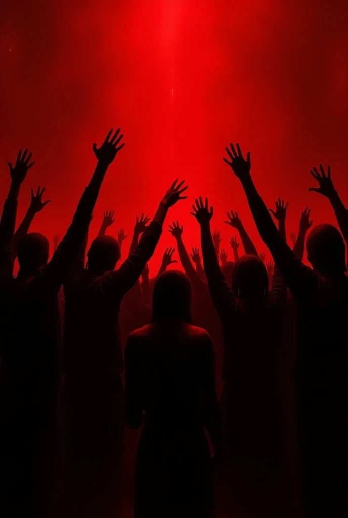 Silhouette of many people in the underworld, Black silhouette.  people are raising their hands begging for help. The background has to be red 