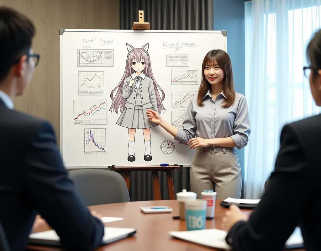 ultra-realistic, photorealistic, dramatic scene, shadow, global-illumination, solo, (20 years old Japanese famous idol girl:1.5), very beautiful fragile Japanese girl, very beautiful with very cute but boyish cool face, she is Japanese office worker, wearing office worker's uniform, She is in a conference room with members of her company's board of directors, She is presenting her new business plan in front of a whiteboard, She draws very realistic smiled Chibi-anime-girl on a large whiteboard using only magic markers, window with curtain, A magnificent work using the blackboard as a canvas, many difficult graphs and other description of the business plans are on the whiteboard, 