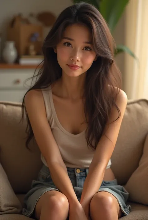 A realistic, full-body portrait of a  cute  with imperfect, natural facial features. She is facing forward, sitting in a comfortable living room with a sofa, wearing a skirt leggings. The room has a cozy atmosphere, and the lighting is soft. Her skin has r...