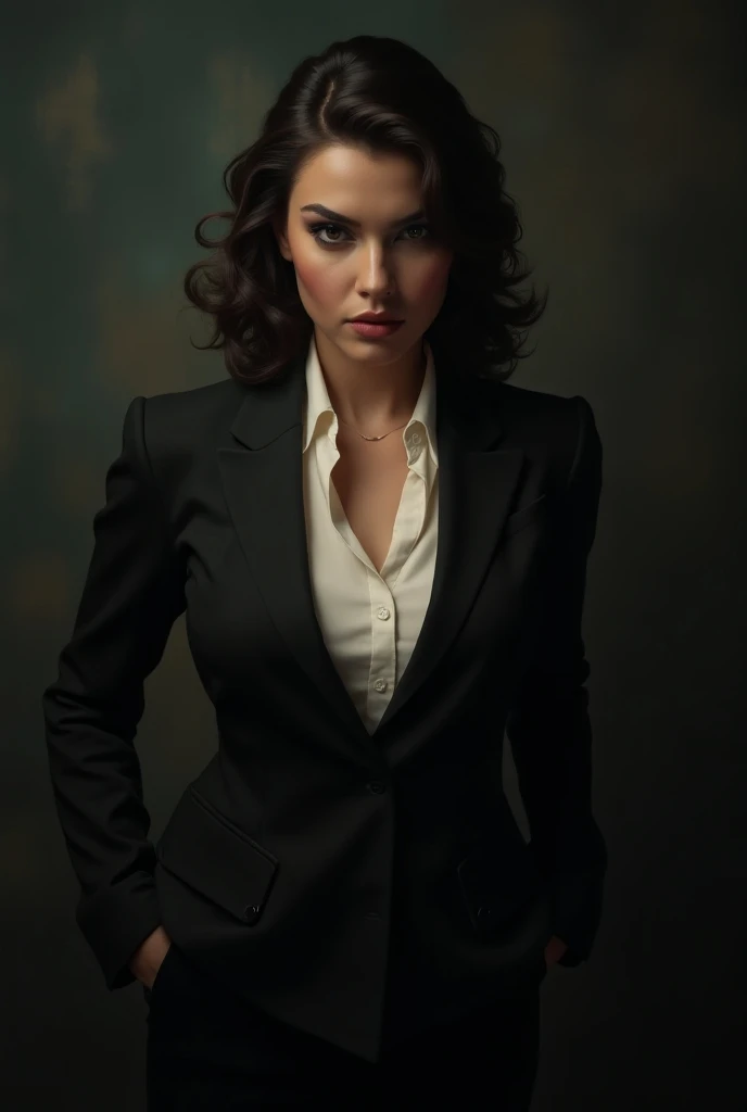 a curvy, modest ashkenazi jewish woman, sophisticated modern secret agent, tough heir of power, beautiful detailed eyes, beautiful detailed lips, extremely detailed eyes and face, long eyelashes, elegant evening dress, mysterious expression, dramatic light...