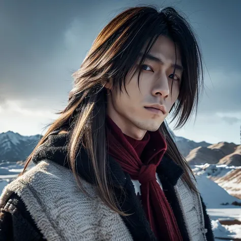 1 man, Japanese man, male, Asian eyes, muscular, broad shoulders,  hairstyle Visual Kei style, hair Visual Kei, stands in a winter landscape, wearing winter clothes, ultra detailed face, hyperrealistic, realistic representation, long hair, long hair, 30 ye...