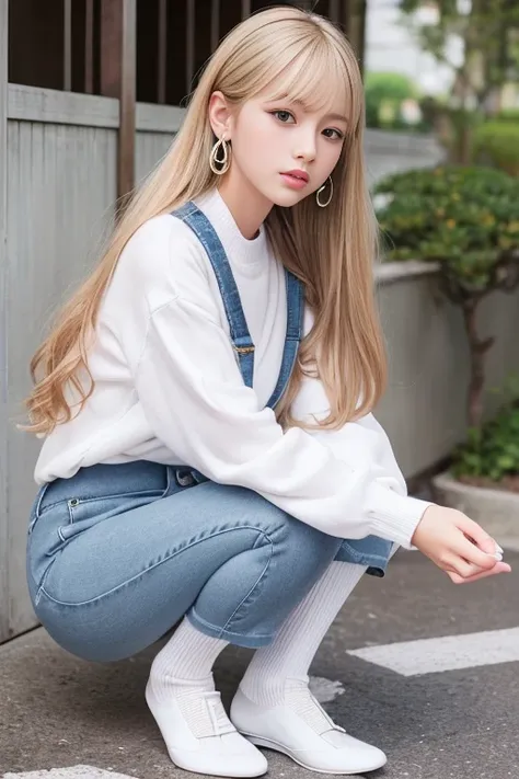 Very detailed、High resolution、Super Beauty　highest quality、masterpiece、Navy high socks casual mix real、(RAW Photos:1.2)、(Photorealistic:1.4)、Beautiful details　Delicate expression、blonde、((I can see your pants))(Crouching panty shot)Earrings、eyelash、Sparkli...