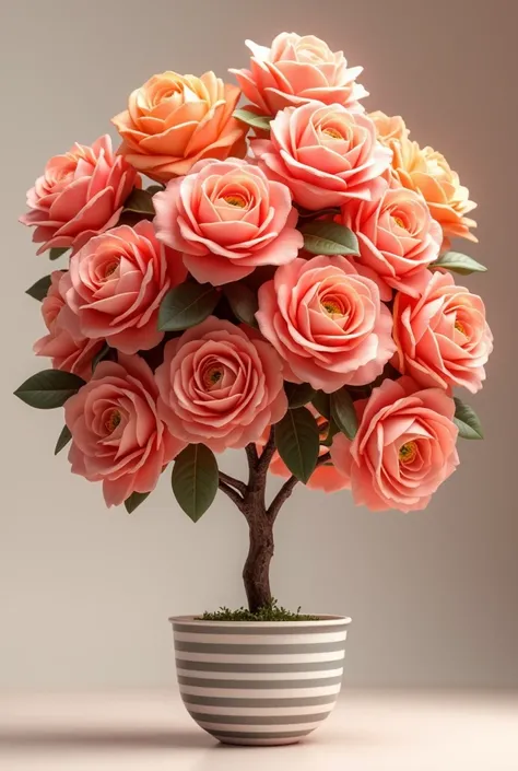 Full flowered pink-orange rose tree planted in pretty striped white pot