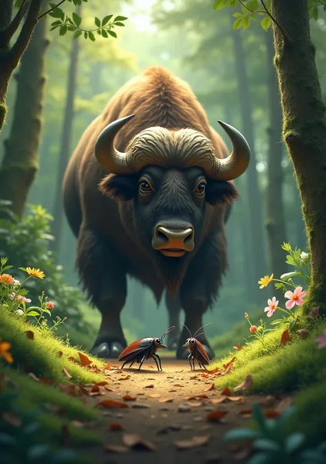 Imagine a unique forest scene where a large, sturdy buffalo and a big  tiny cockroach face each other on the forest floor. The forest is dense and lush, with tall trees, thick green foliage, and sunlight filtering through, creating soft shadows. The buffal...