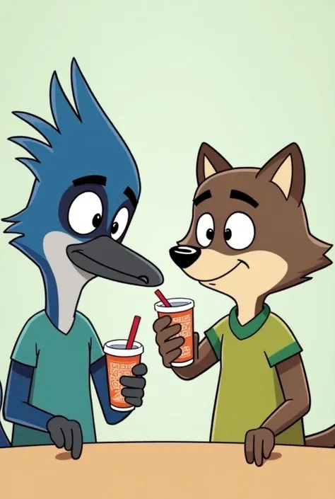 Mordecai and rigby weraring t-shirt holding a cup