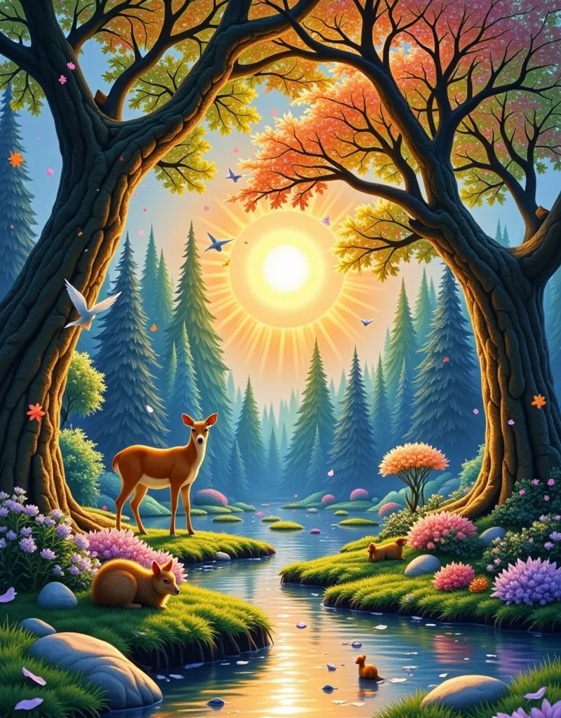 a magical forest illuminated by the soft glow of a setting sun, casting a warm amber light on the serene landscape. the forest's...