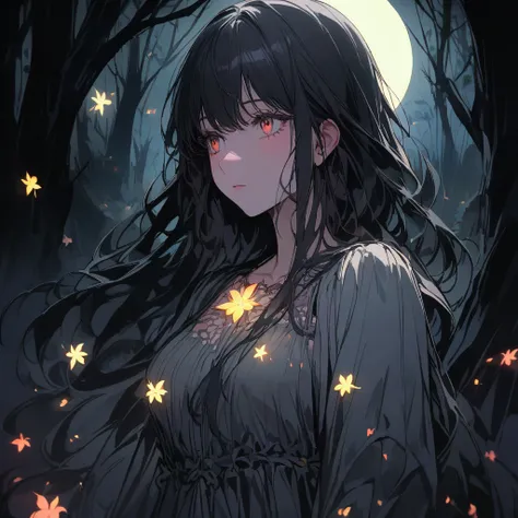 in a dark dark forest, no moon, few stars, the darkness is broken and lit only by the light of fire flies, a cute woman watches in wonder
