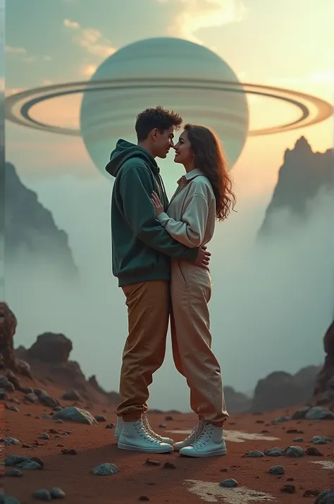 "A young man with a simple, casual look, wearing high-top shoes, a long hoodie, and loose trousers, stands with his girlfriend on the surface of Titan, Saturn’s largest moon. They pose together in a classic ‘Titanic movie’ hero embrace, arms outstretched, ...