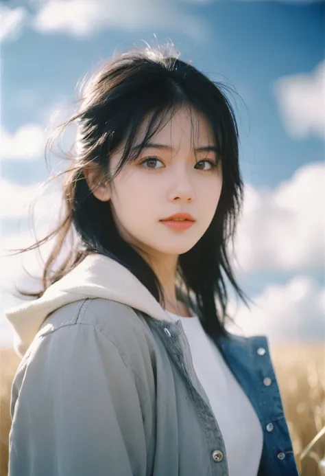 front,1girl, Alone,realistic,jacket,black hair,Unruly hair,Golden straw, cloud,lens_flare,Natural light,portrait,Grey Film filter,(Kodak Ektar 100:1.2),