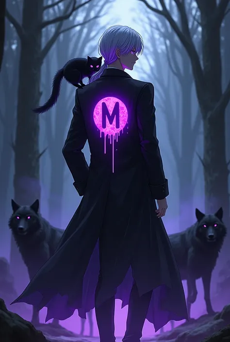  - anime style
- a tall handsome man in a knee-length coat
- looks back
- glowing black and purple all over your back , letter M in a circle  (paint drips)
- tail below
- long previews ,  swirling stews
- purple glowing pupils
- high-quality eyes
- long wh...