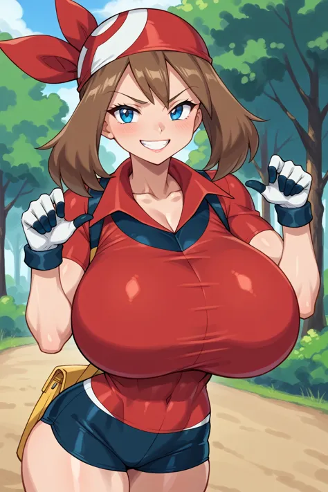 score_9, score_8_up, score_7_up, BREAK, anime style, MayPXL, blue eyes, brown hair, short hair, red bandana, red shirt, short sleeves, gloves, black shorts, torso, smug smile, gigantic bust, toned, strong, bimbo body, 