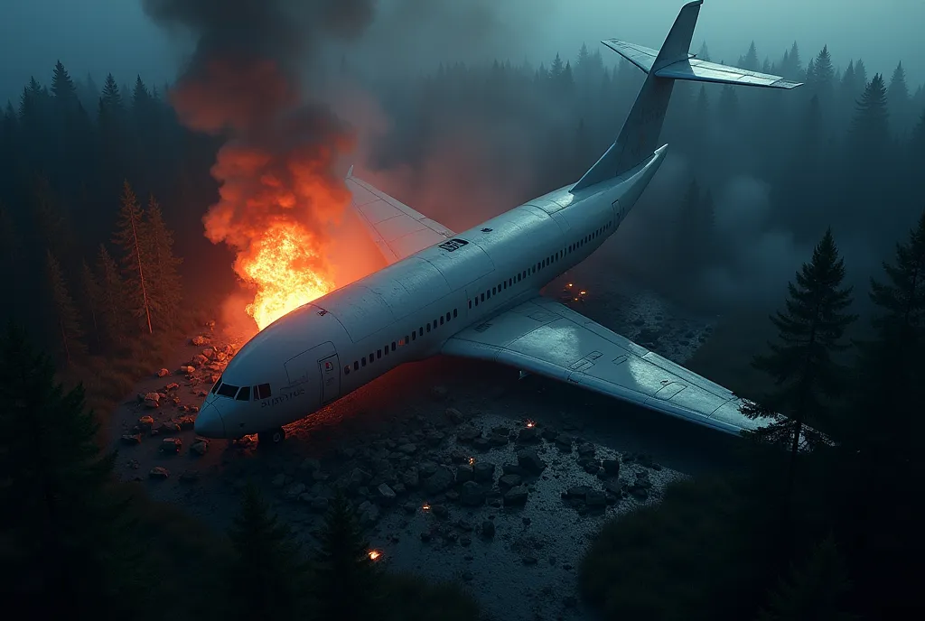 ((masterpiece, highest quality, Highest image quality, High resolution, photorealistic, Raw photo, Extremely detailed CG unified 8k wallpaper)), Dramatic Light, Volumetric Light, A large passenger plane crashes in the forest at night, wings broken and fuselage in pieces, leaking fuel burning, moment of flash and explosion, bird's-eye view,