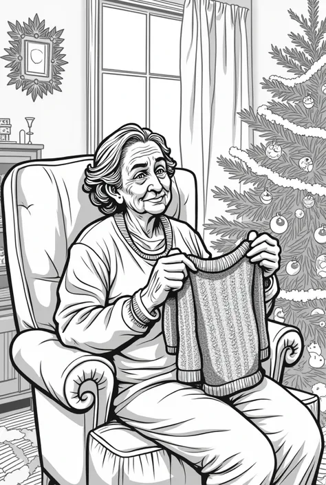 Comicbook style, line art, old woman, sitting in chair, holding knitted sweater, living room, Christmas decorations, no color, art looks hand drawn