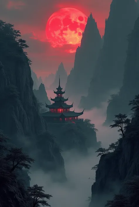 anime aestetics,black, red and white colors, lunar eclipse, dark souls 3 eclipse , chinese ink painting, town built in the mountain, trees growing from the sides of the mountain, canyon, encient sanctuary, giant structure, classica art style, mild for, tal...