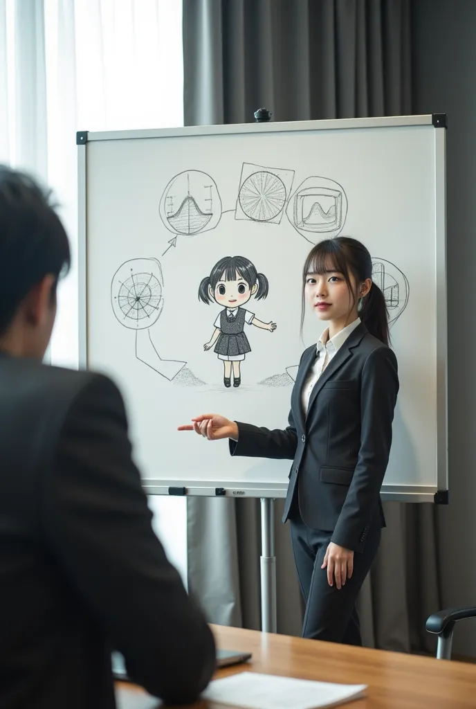 ultra-realistic, photorealistic, dramatic scene, shadow, global-illumination, solo, (20 years old Japanese famous idol girl:1.5), very beautiful fragile Japanese girl, very beautiful with very cute but boyish cool face, she is Japanese office worker, wearing office worker's uniform, She is in a conference room with members of her company's board of directors, She is presenting her new business plan in front of a whiteboard, She draws very realistic smiled Chibi-anime-girl on a large whiteboard using only magic markers, window with curtain, A magnificent work using the blackboard as a canvas, many difficult graphs and other description of the business plans are on the whiteboard, 