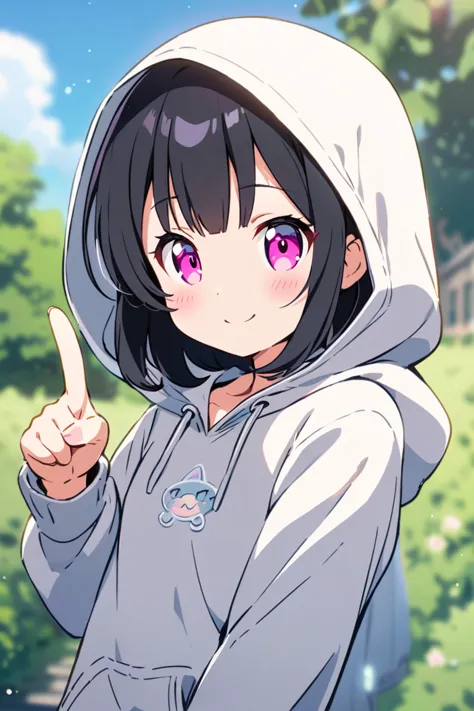 anime style, 1 girl has pink eyes, black hair, smile, (kawaii:1.33),(depth of field), (flat chest), delicate,refined,serene,adorable,correct anatomy,BREAK, ultra-detailed, Wearing a hoodie, Pointing forward, smiling and winking