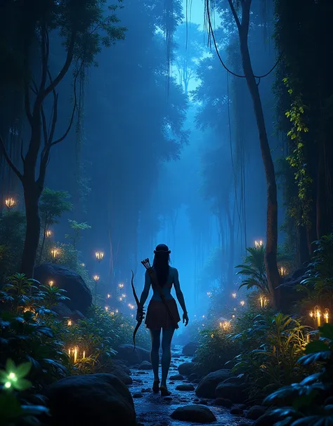  the night forest on the planet Pandora  (movie Avatar ),  the blue-skinned warrior Na ` V sneaks with a bow in his hands ,  incredible glowing plants and animals,( the world of the planet Pandora from the movie Avatar ( by James Cameron ),photorealism, hi...