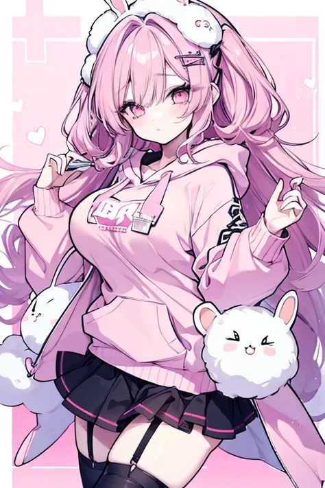  1 girl、 mature、Ample breasts、 long lashes、Beauty、Curly Hair、 beautiful face、pale pink rabbit ear hoodie、Fluffy hoodie、Miniskirt、garter、