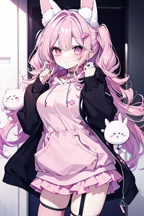  1 girl、 mature、Ample breasts、 long lashes、Beauty、Curly Hair、 beautiful face、pale pink rabbit ear hoodie、Fluffy hoodie、Miniskirt、garter、