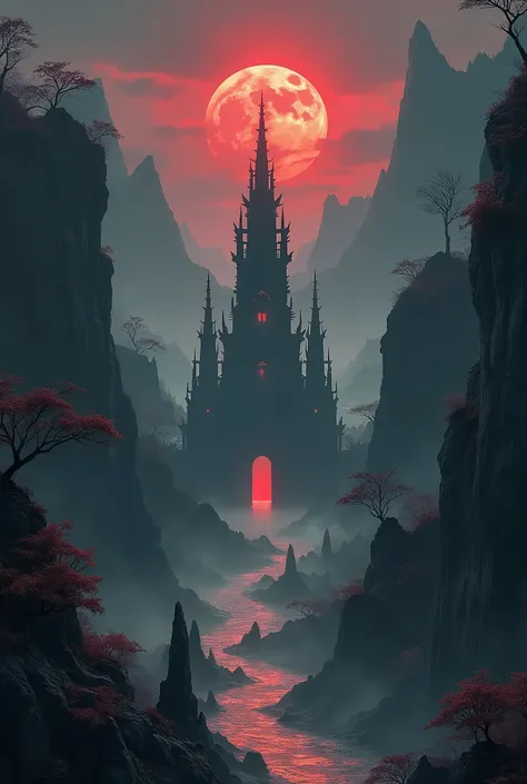 anime aestetics,black, red and white colors, lunar eclipse, dark souls 3 eclipse , chinese ink painting, town built in the mountain, trees growing from the sides of the mountain, canyon, encient sanctuary, giant structure, classica art style, mild for, tal...