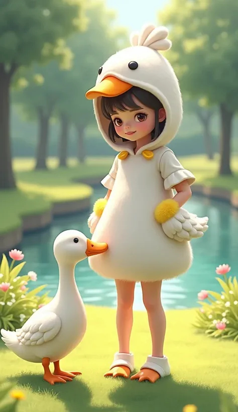 Prompt 1: "A young  wearing an adorable dress resembling a white duck, with yellow accents on the sleeves and collar to mimic a ducks beak and webbed feet on the shoes. The  is standing outdoors in a grassy area with a small pond in the background. Beside ...