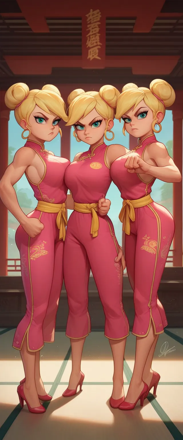 lola loud, 3girl, trio, 24yo girl, large breasts, pink cheongsam,  inside of a chinese temple, looking at viewer, blonde hair, two hair buns , hands  score_9, score_8_up, score_7_up, high heels, teep fighting stance,martial arts, triplets