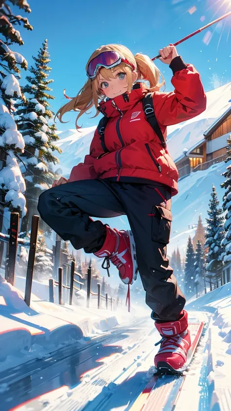 girl enjoying skiing at a ski resort :1.5、REALISTIC SLIDE 、blonde perm ponytail
Red ski wear with goggles on the head