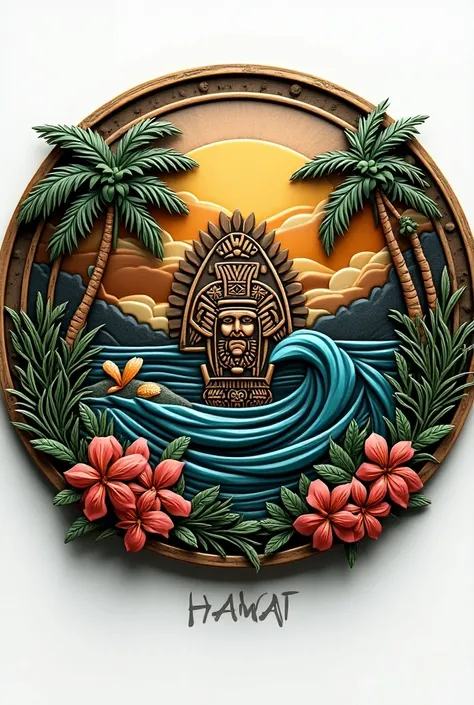 Create symbols that symbolize Hawaii .  The sea and the nature-loving people should be visible there.  The indigenous population should be represented . It should look like a kind of medal. It should be a mix of modernity and tradition

