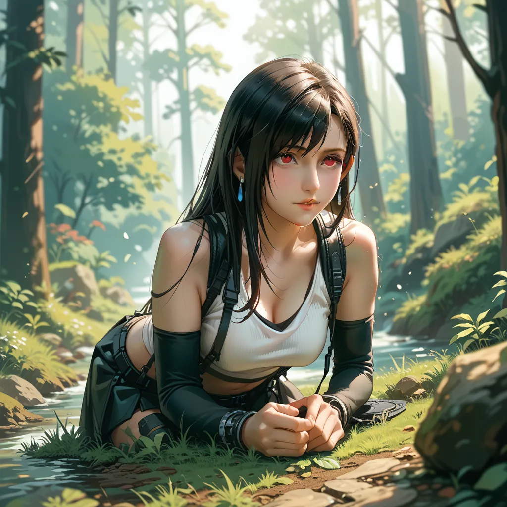 one girl playing pranks , masterpiece, best quality,  tifa lockhart  、 high resolution on down、 in the dark forest 、 light shine...