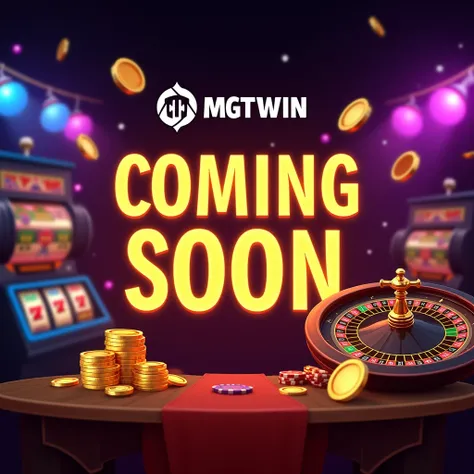 "A vibrant Coming Soon banner for the MGTWIN gaming site, featuring exciting visuals of slot machines, roulette wheels, and poker chips. Use bold, glowing text that reads Coming Soon in the center with the MGTWIN above it. Include colorful casino lights, g...