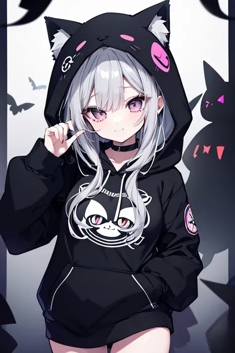  1 girl、 mature、Ample breasts、 long lashes、Beauty、Silver Hair、 beautiful face、black cat ear hoodie、Fluffy hoodie、Fluffy、Miniskirt、Bewitching Smile