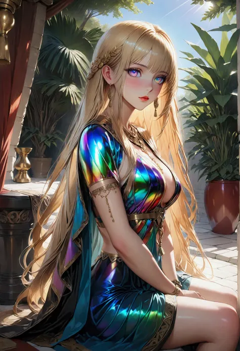 1girl,Long smooth straight golden hair, iridescent eyes,athletic hourglass figure,sitting in jk greek clothes.masterpiece, super detail,detailed eyes, best quality, 8k,realistic