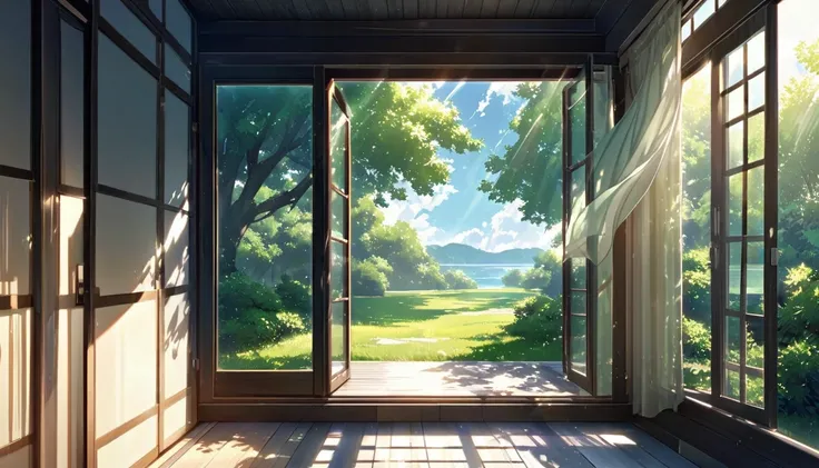 An open window with white, airy curtains gently swaying in the breeze. Outside, a glimpse of lush green trees and clear blue sky can be seen. Sunlight softly filters through, casting dappled light patterns on the floor. The setting is calm and refreshing, ...