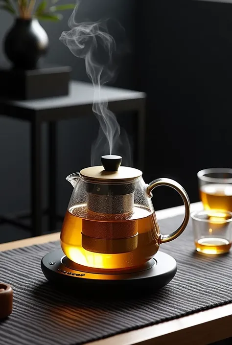 This photo shows a modern style glass teapot placed on a circular black electric heating base. The glass teapot is filled with golden tea water, and steam rises gracefully. The handle and base of the glass teapot are dark in color, contrasting with the tra...