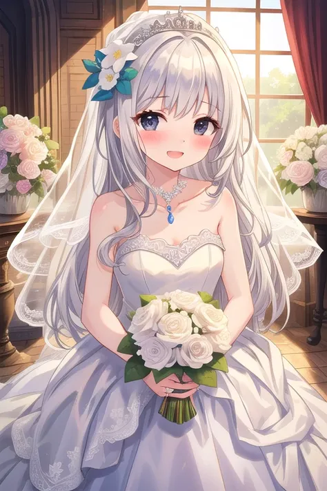 masterpiece, amazing quality, best quality, detailed, absurdres, illustration, game_cg, intricate, an extremely delicate and beautiful,
1 girl, cute, perfect anatomy, black eyes, detailed eye, pettier,
white  hair, long hair, straight hair, hair down
Weddi...