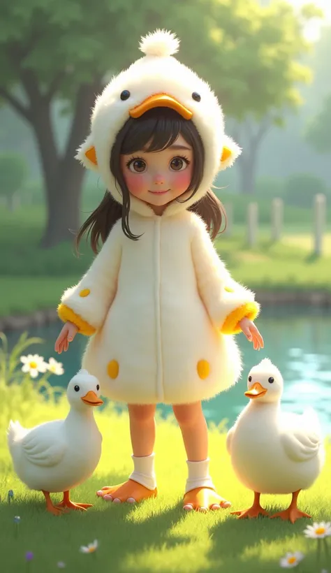 Prompt 1: "A young  wearing an adorable dress resembling a white duck, with yellow accents on the sleeves and collar to mimic a ducks beak and webbed feet on the shoes. The  is standing outdoors in a grassy area with a small pond in the background. Beside ...