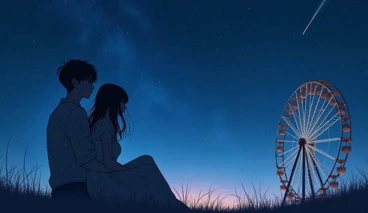 Under the Stars, A boy and a woman on a recumbent ferris wheel。  A love story of two people sitting close to the sky and stars 。  the sky was full of stars ,The view was very charming 。  The picture is full of serenity and contemplation ，Surrounded by star...