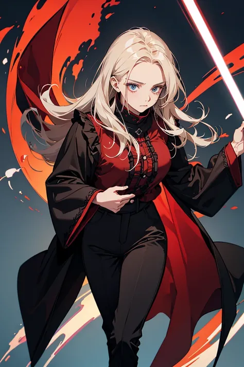 Large blouse with collar covering the mouth, long sleeves, black pants and boots, red cloak around.