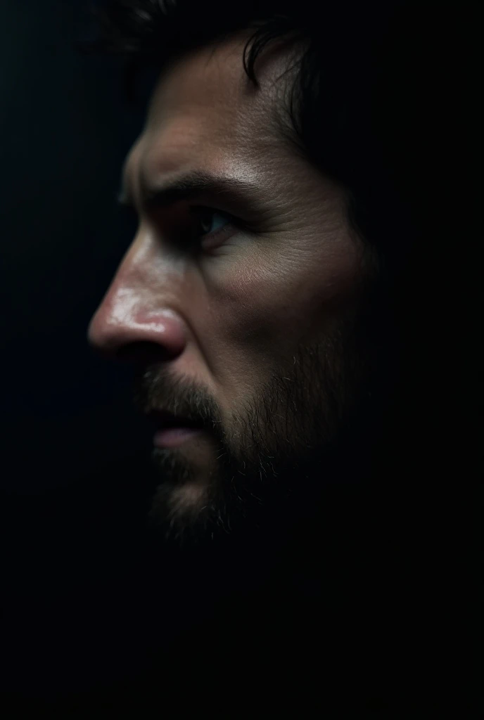 make a Messi photo half goot face with dark background 