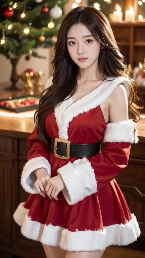  Christmas, Santa cosplay,Santa Claus in dress style, 1 girl, solo,  high resolution on down, Long Hair, chest, smile,  open your mouth ,  Glance , Brown Hair,  high resolution on down, 最高quality,  high definition model, 高quality, quality,  Textured Skin, ...