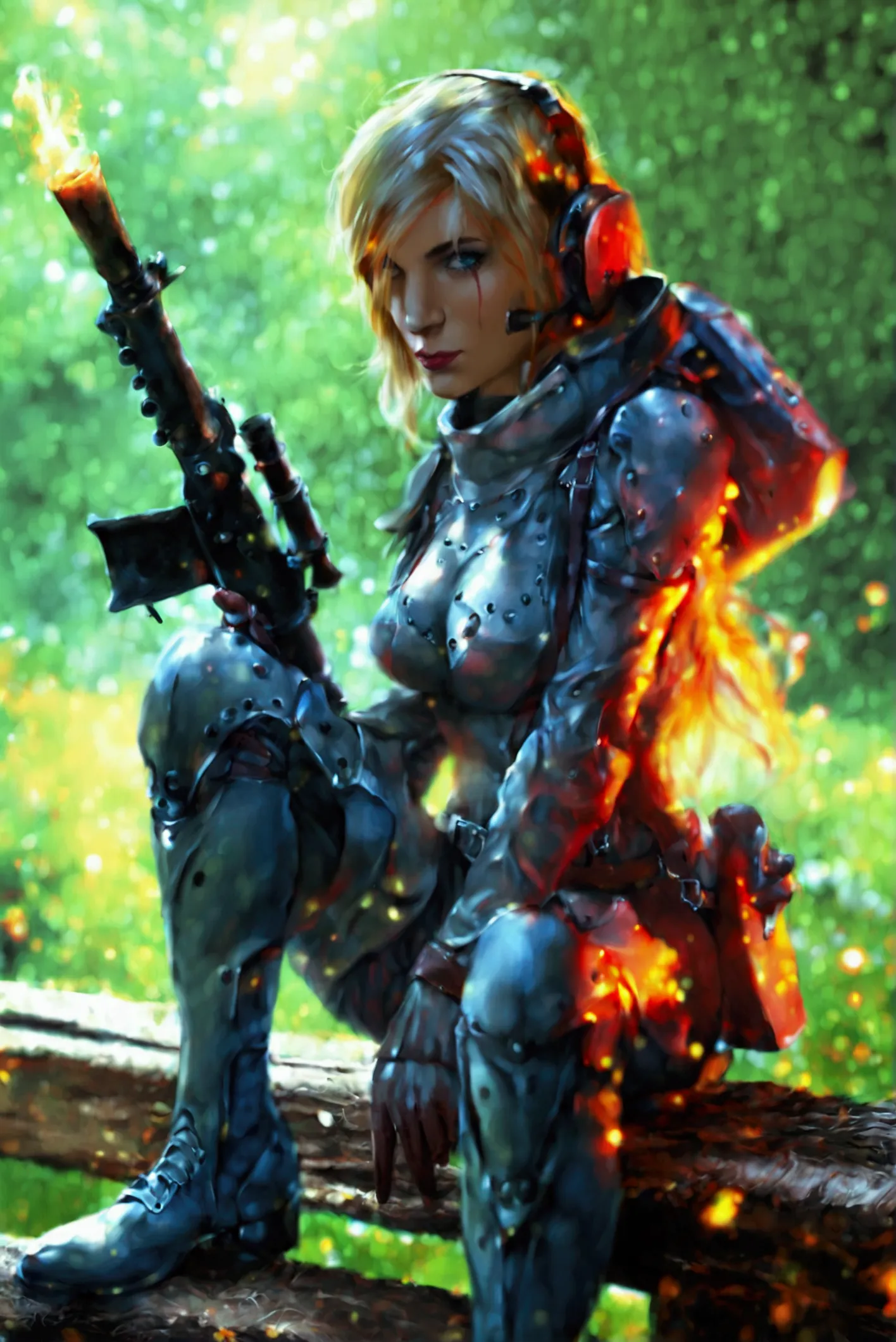 1girl, sysdeep_katarina, katarina claes, photorealistic, holding a rocket launcher, sitting on a wooden fence