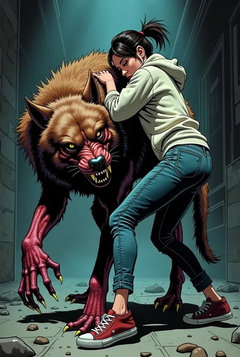 Dark comic style. Melissa an adult in her 20s with dark brown hair in a pony tail. She wears jeans and sneakers, baggie hoodie. She wrestles viciously against a fleshy mutant hound.