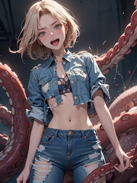 perfect hand,perfect anatomy,masutepiece,Best Quality,Ultra-detailed,High resolution,Unity 8k wallpaper,super detailed skin,Cinematic lighting,(clothed,tattered clothes:1.5)、mid night、Metamorphosis、red blush、Tentacles are touching the crotch、Tentacles are ...